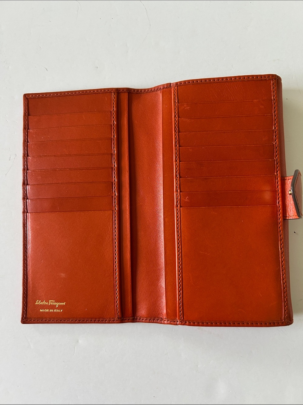 Salvatore Ferragamo Orange Leather Clasp Wallet with Gold Hardware - Picture 8 of 10